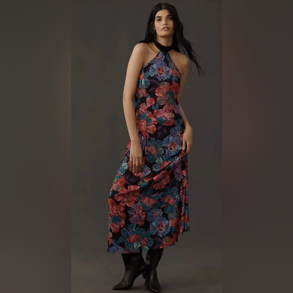 Anthropologie Farm Rio Sleeveless Halter Bow Floral Midi Dress